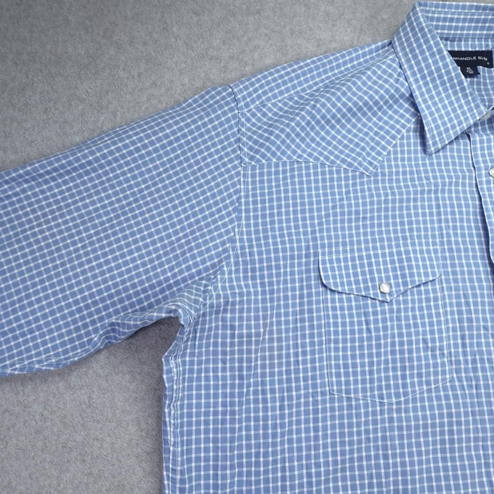 Panhandle Slim‎ Shirt Mens XL Blue Gingham Plaid Western Pearl Snap